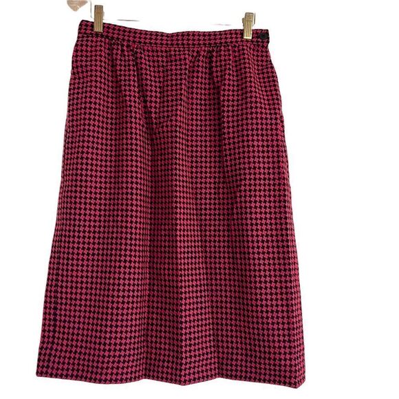 Vintage Pendleton Red/Pink + Black Houndstooth Virgin Wool Midi Skirt Size 10 - Picture 1 of 5